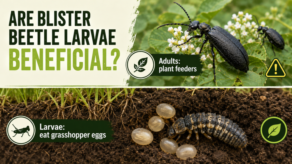 Blister Beetle: Identification, Damage & Control Guide Blister beetle larva developing in soil near a plant
