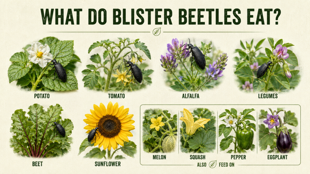 Blister Beetle: Identification, Damage & Control Guide Blister beetle feeding on leaves and flowers