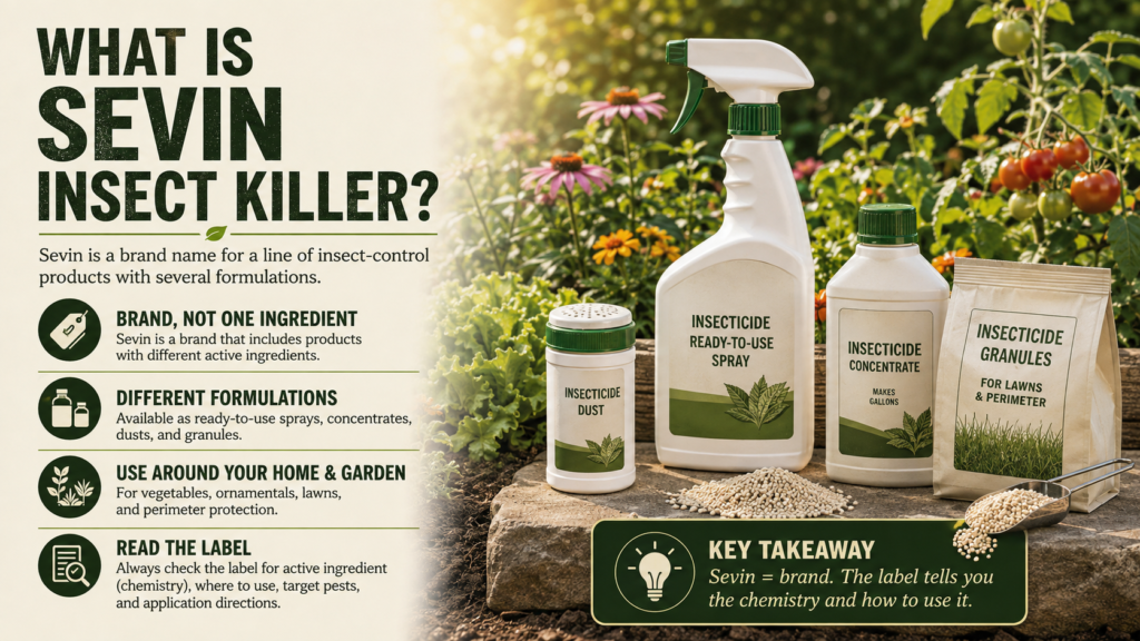 Infographic explaining Sevin insecticide products, their uses, formulations, and role in controlling garden and lawn pests.
