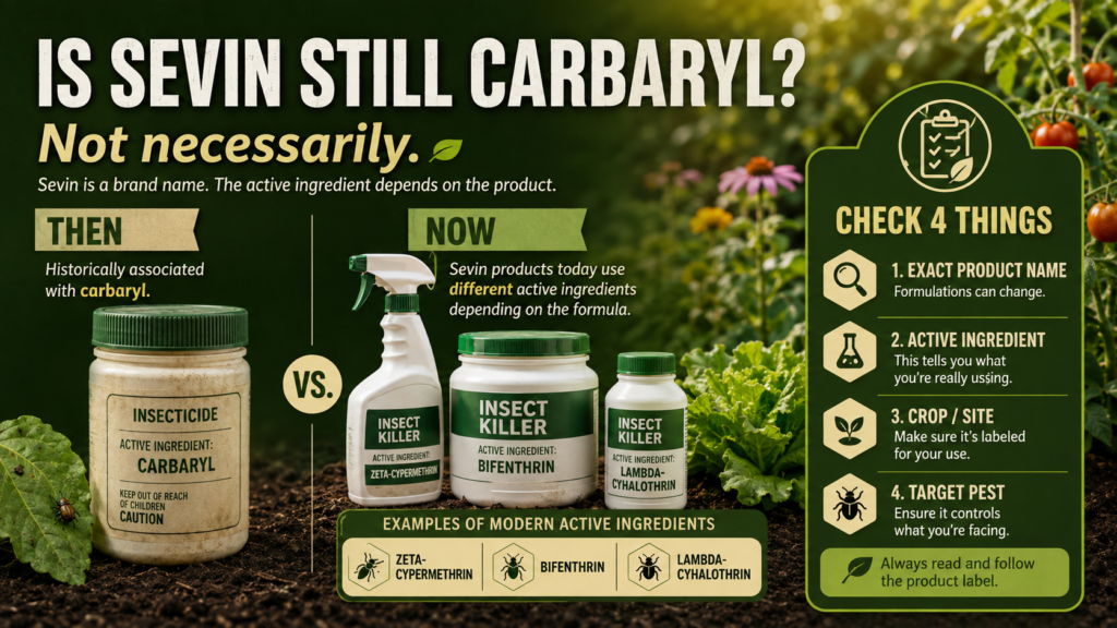 Infographic comparing Sevin products containing carbaryl with newer Sevin formulations using different active ingredients.