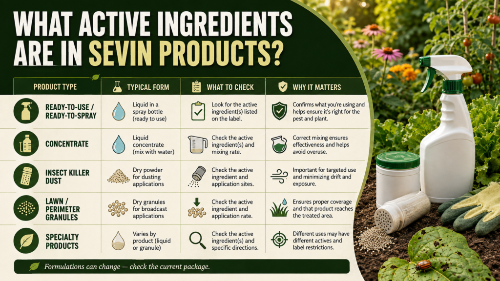  Infographic showing the different active ingredients used across Sevin insecticide products and why checking the product label matters.