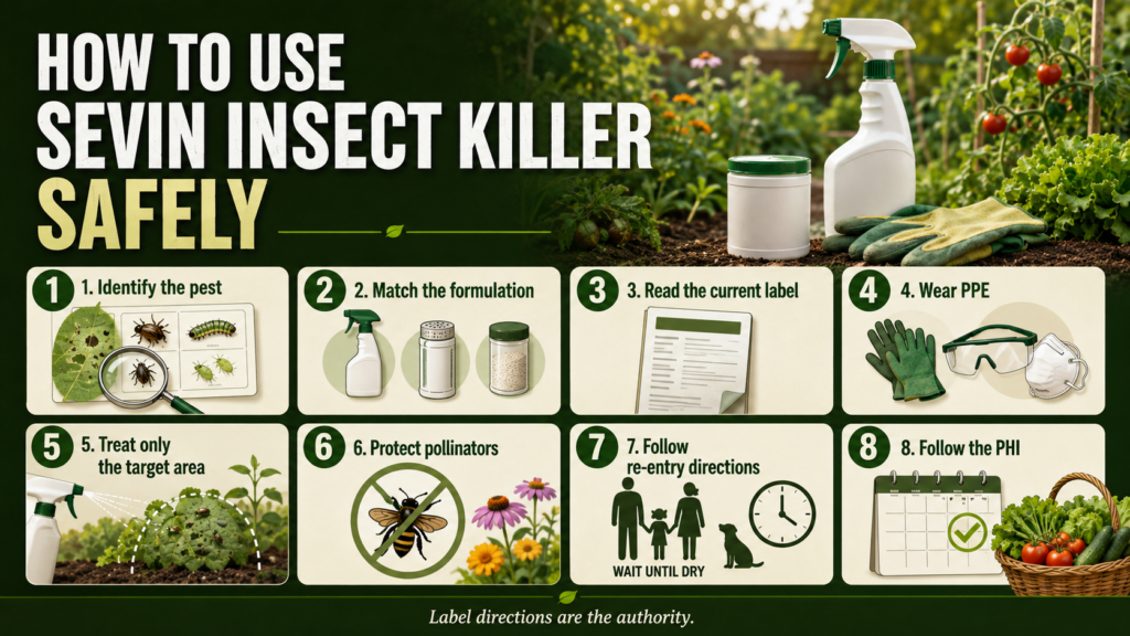 Infographic showing key steps for safely using Sevin insecticide, from identifying pests and reading the label to protecting people, pets, and pollinators.