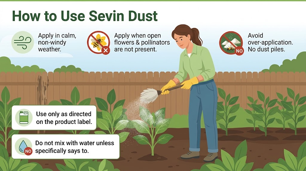  Infographic showing how to apply Sevin dust as a light, even coating while avoiding wind, excessive application, and open blooms.