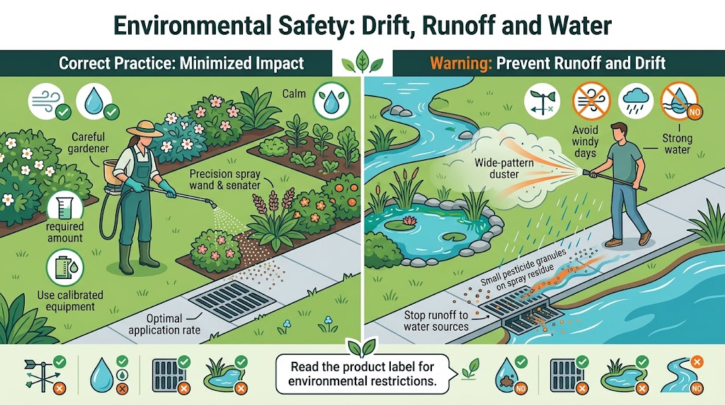 Infographic showing how to prevent pesticide drift and runoff and keep Sevin products away from storm drains, ponds, streams, and other water bodies.