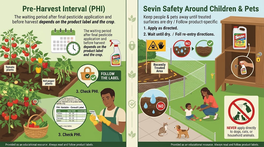  Infographic explaining the pre-harvest interval as the required waiting period between pesticide application and harvesting edible crops.
 Infographic showing children and pets kept away during pesticide application and until the label's re-entry requirements are met.