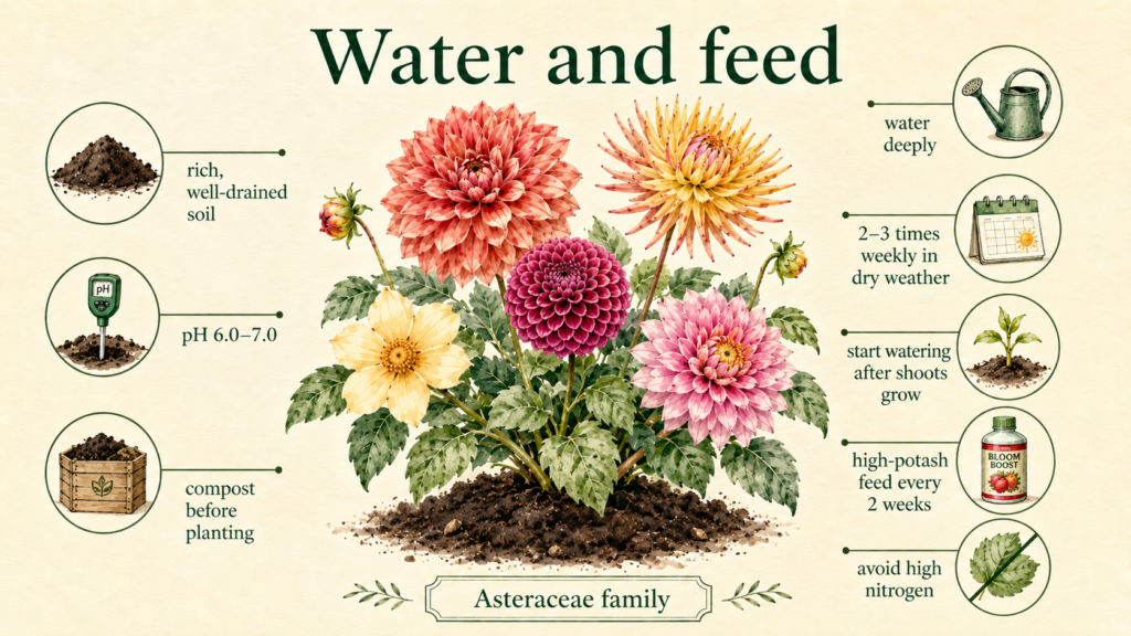 Learn How To Plant And Care For Your Dahlias Close-up of a large pink dahlia flower in full bloom
Young dahlia plants growing from freshly planted tubers