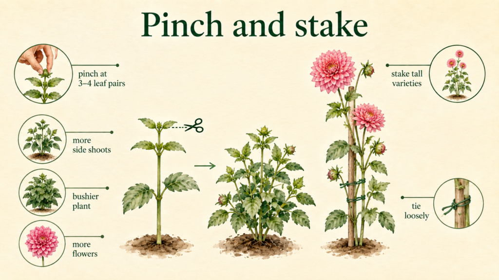 Learn How To Plant And Care For Your Dahlias Healthy dahlia plants growing in a sunny flower bed
Red and orange dahlias blooming among green foliage