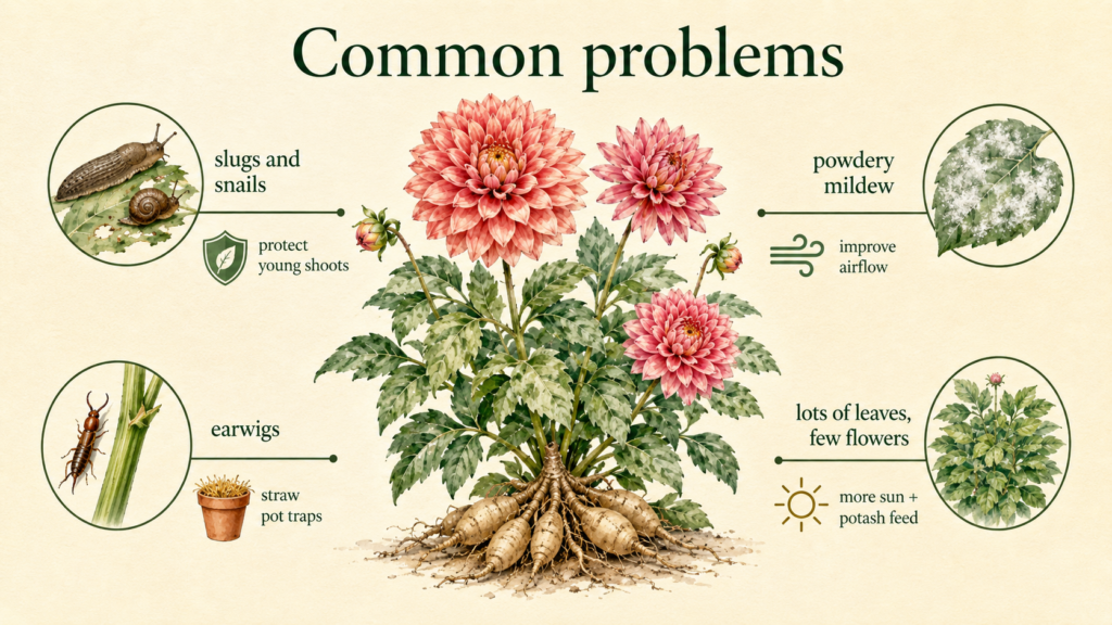 Learn How To Plant And Care For Your Dahlias Tall dahlia plants supported with garden stakes