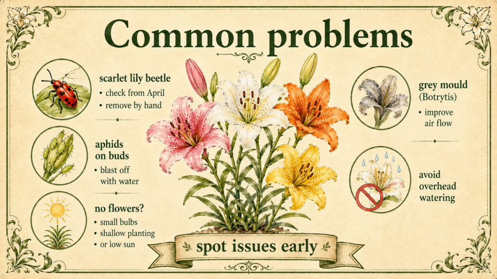 Learn How to Plant and Care for Your Lilies: Lily flowers Group of lilies blooming in different colors in a garden