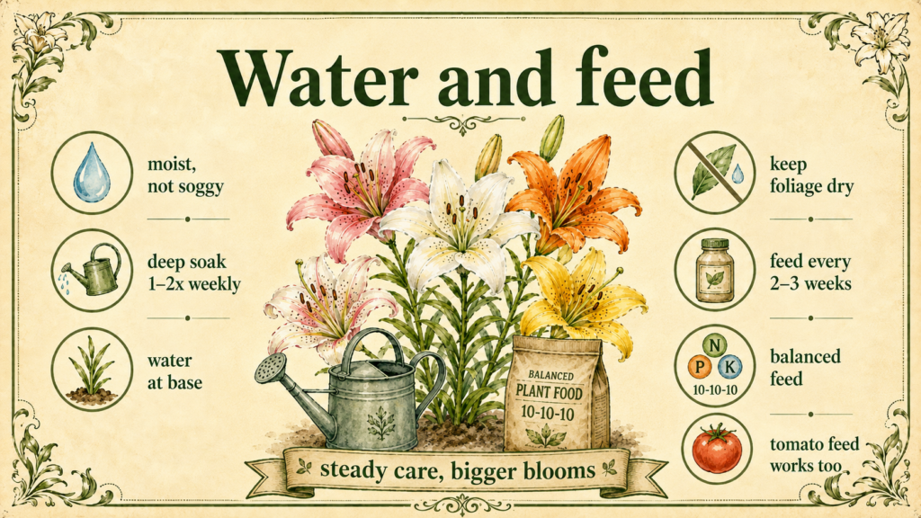 Learn How to Plant and Care for Your Lilies: Lily flowers Healthy lily plants growing in a sunny flower bed