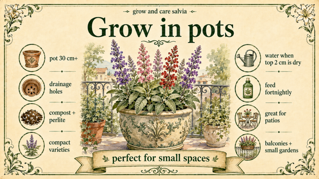 Different salvia varieties growing together in a garden. Young salvia plants growing in well-drained garden soil
Healthy salvia plants blooming under bright summer sunlight