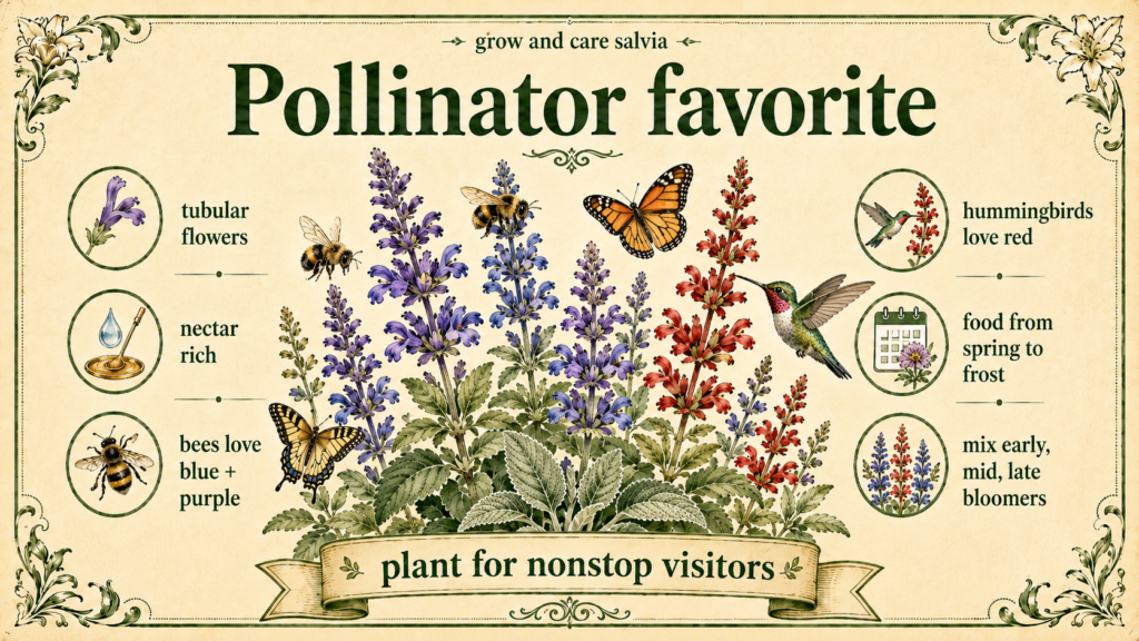 Red salvia flowers attracting pollinators in a flower bed